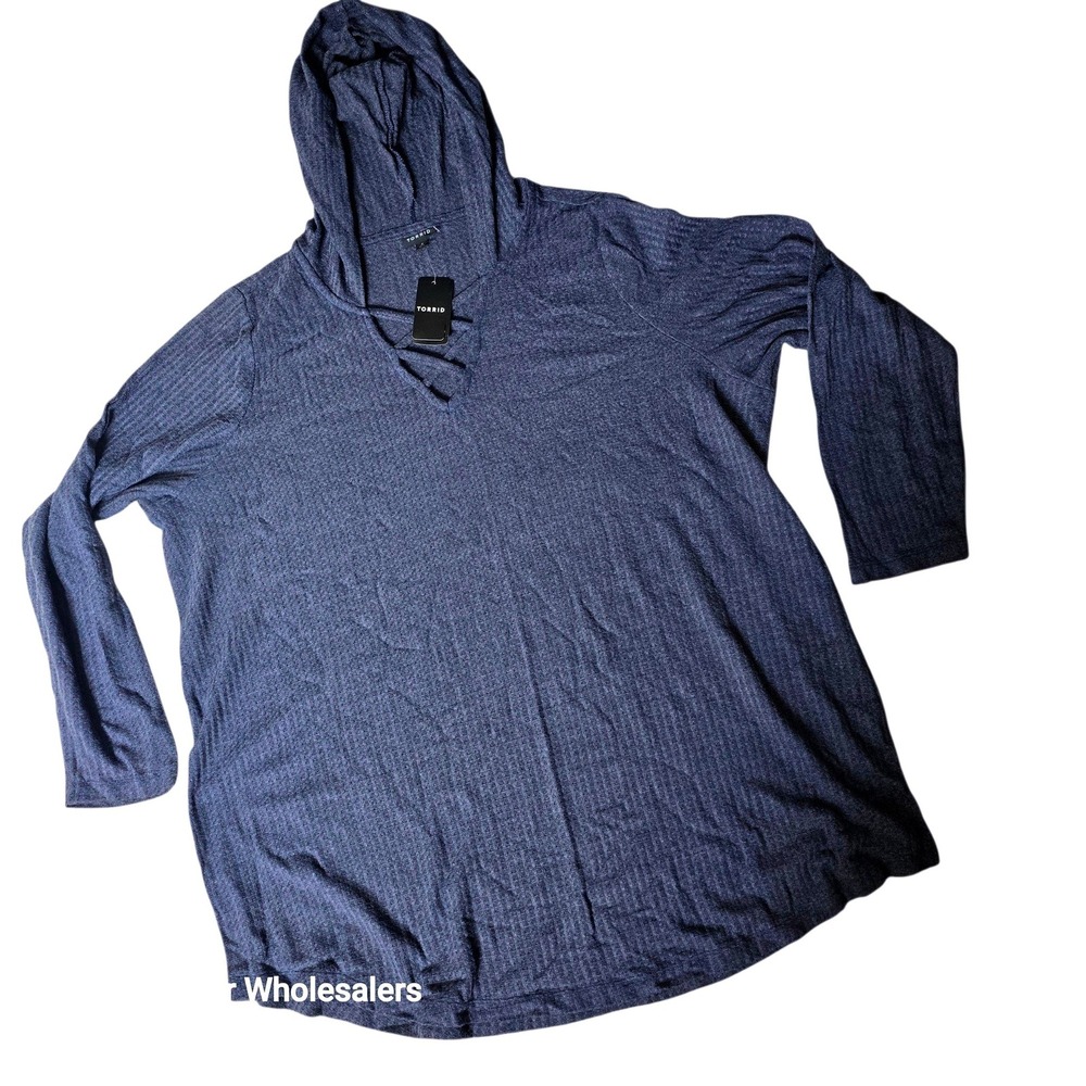 Torrid Blue Waffle Knit Lace Up Pullover Hoodie Plus Size 4 4X 26 NEW
